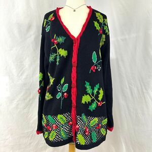 Storybook Knits Festive Black Cardigan with Red and Green Details